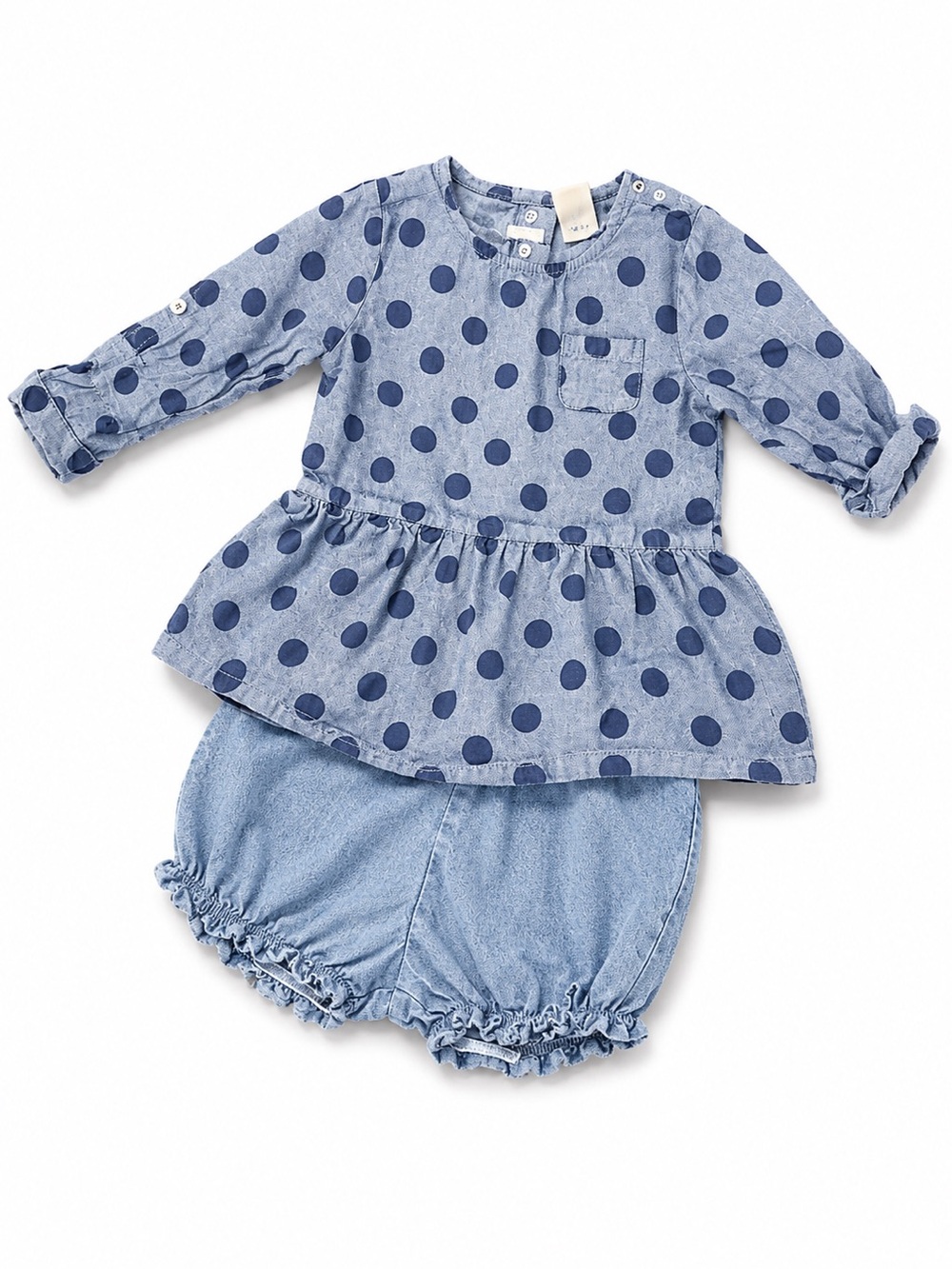 EUC Carters Kids Polka Dot Chambray Top & Bloomers Set - Blue